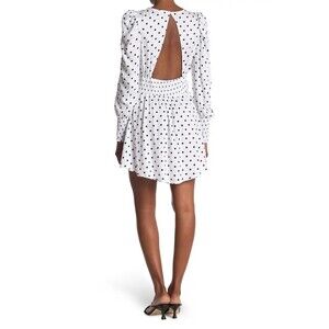 AFRM Long Sleeve Cutout Smocked Mini Dress White/Black Polka Dot Print Size XL